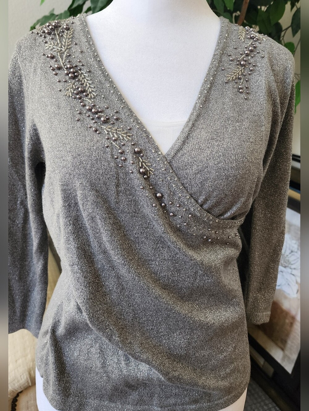 Ann Taylor Petite Metallic Gray Knit Top